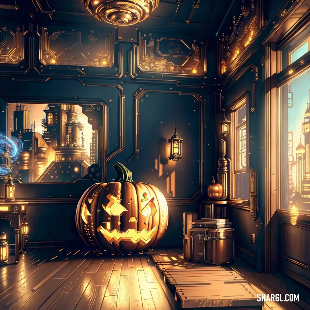 Room with a large pumpkin on the floor and a window with a city view in the background and a lit up window