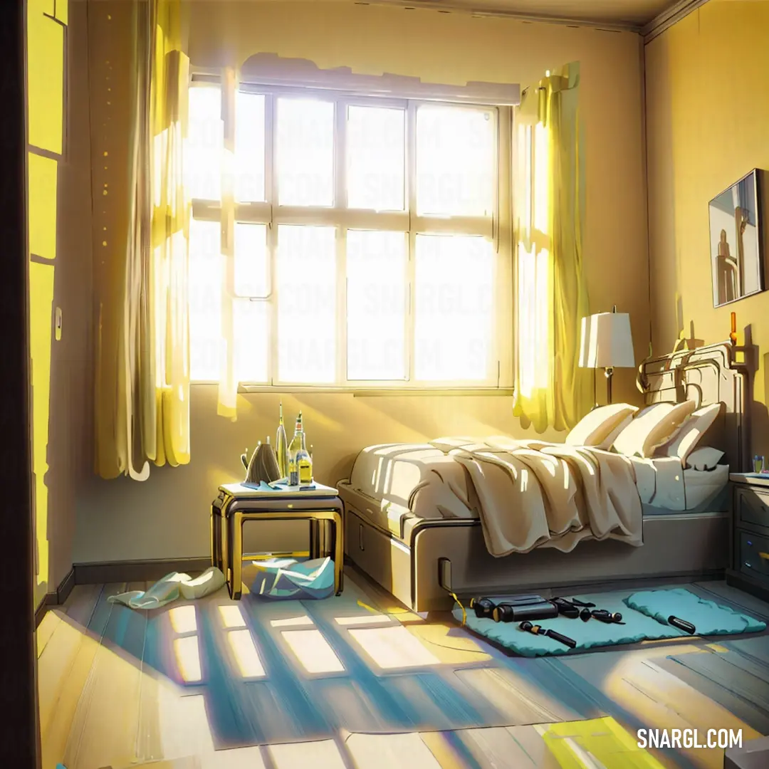 Stil de grain yellow color. Bedroom with a bed and a window with sunlight coming through the window and a table with a lamp