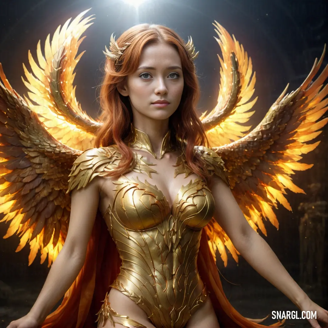 Woman dressed in a golden outfit with wings on her chest and a halo around her neck. Example of RGB 250,218,94 color.