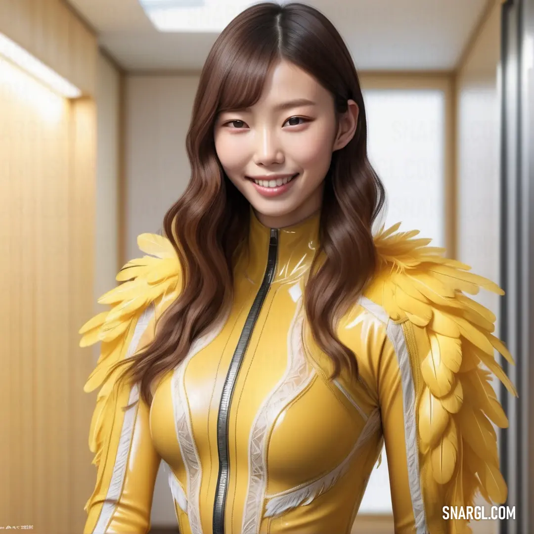 Woman in a yellow suit with wings on her chest and a smile on her face. Example of RGB 250,218,94 color.