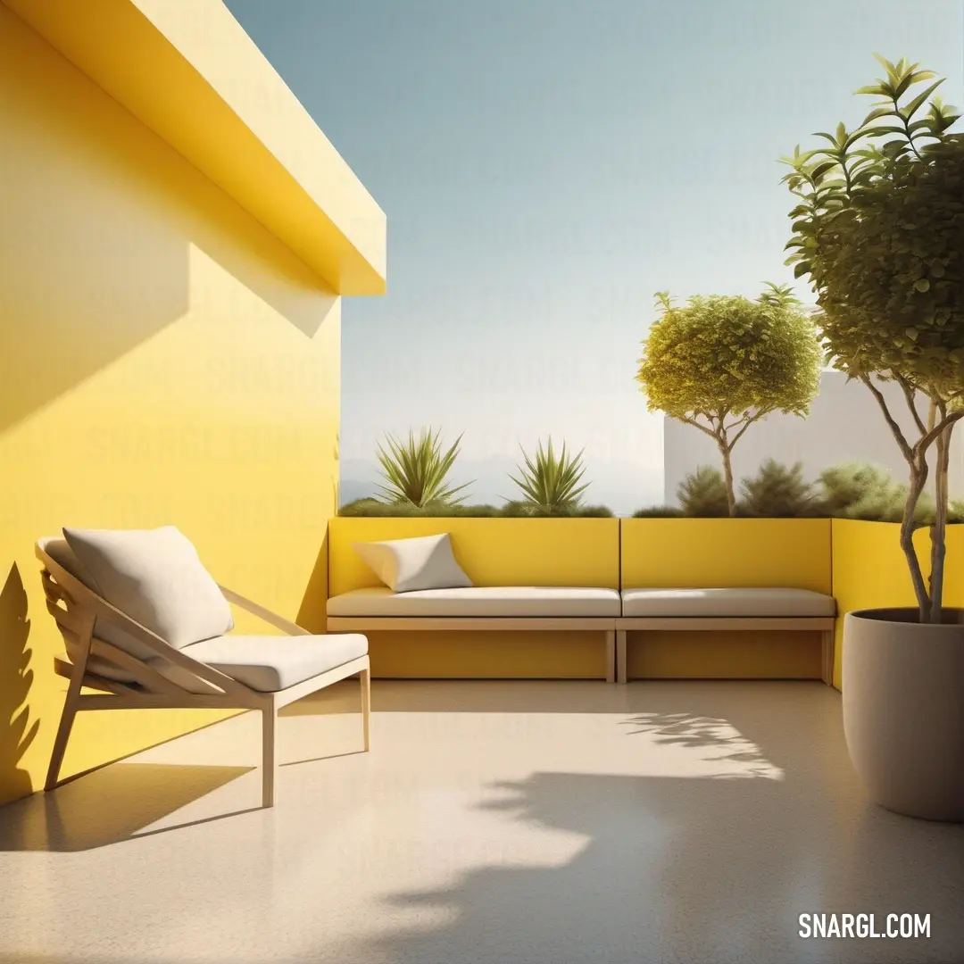 Yellow and white room with a couch and a tree in the corner of the room and a potted plant. Color Stil de grain yellow.