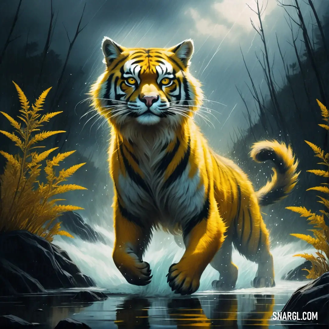 Stil de grain yellow color. Tiger is walking through a stream in the woods with a full moon in the background