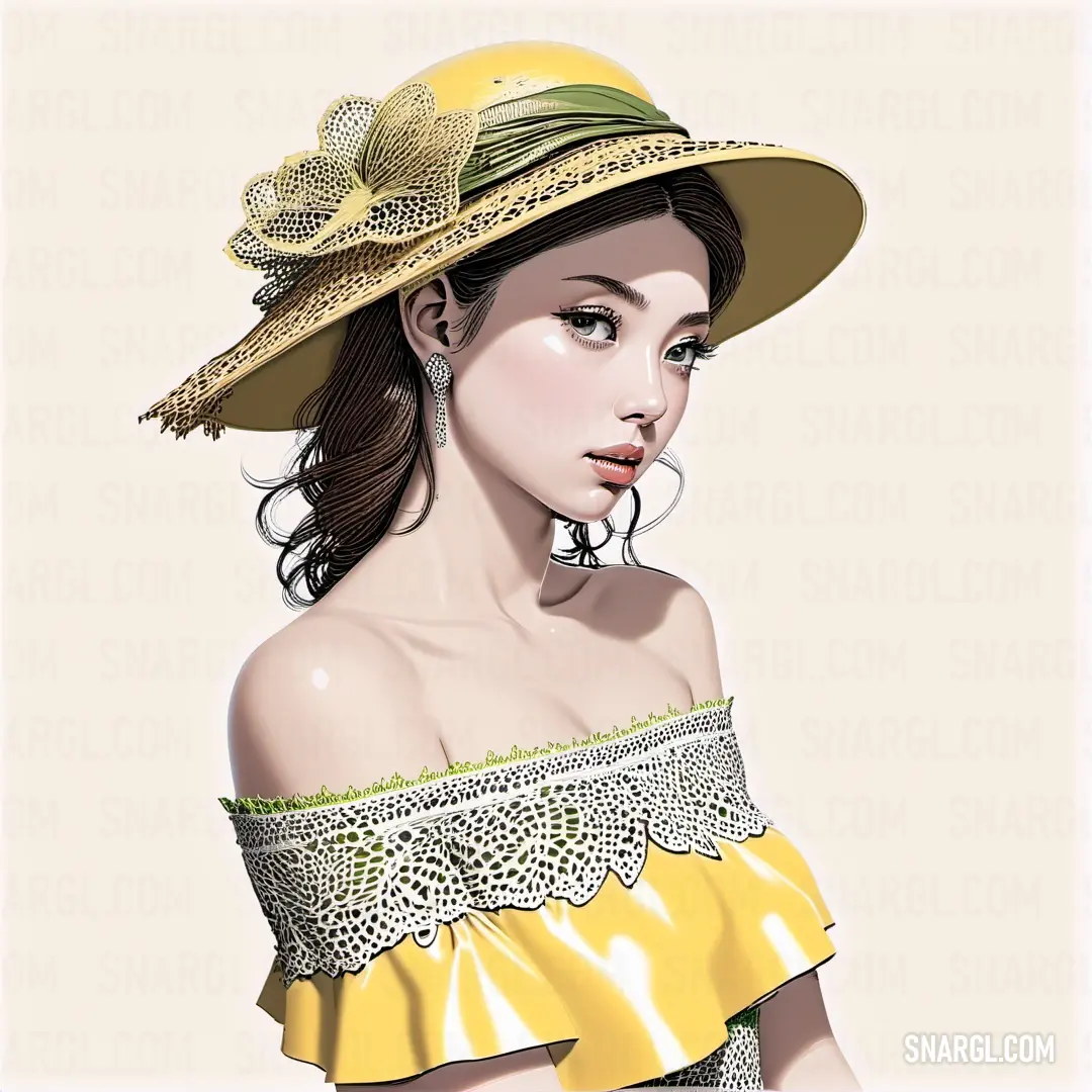 Woman wearing a yellow hat with a butterfly on it's side and a yellow dress. Example of Stil de grain yellow color.