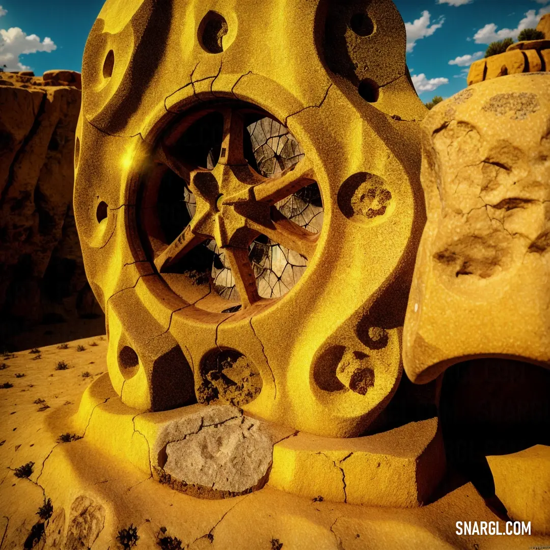 Yellow sculpture with a wheel on top of it in the desert with a sky background. Example of #FADA5E color.