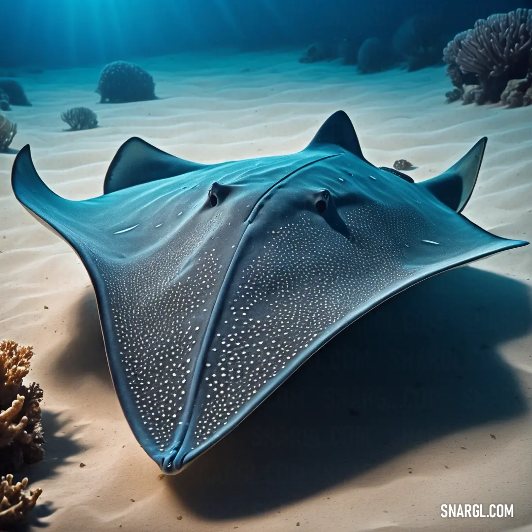 Large blue stingfish laying on top of a sandy ocean floor next to a coral reef with a sunbeam