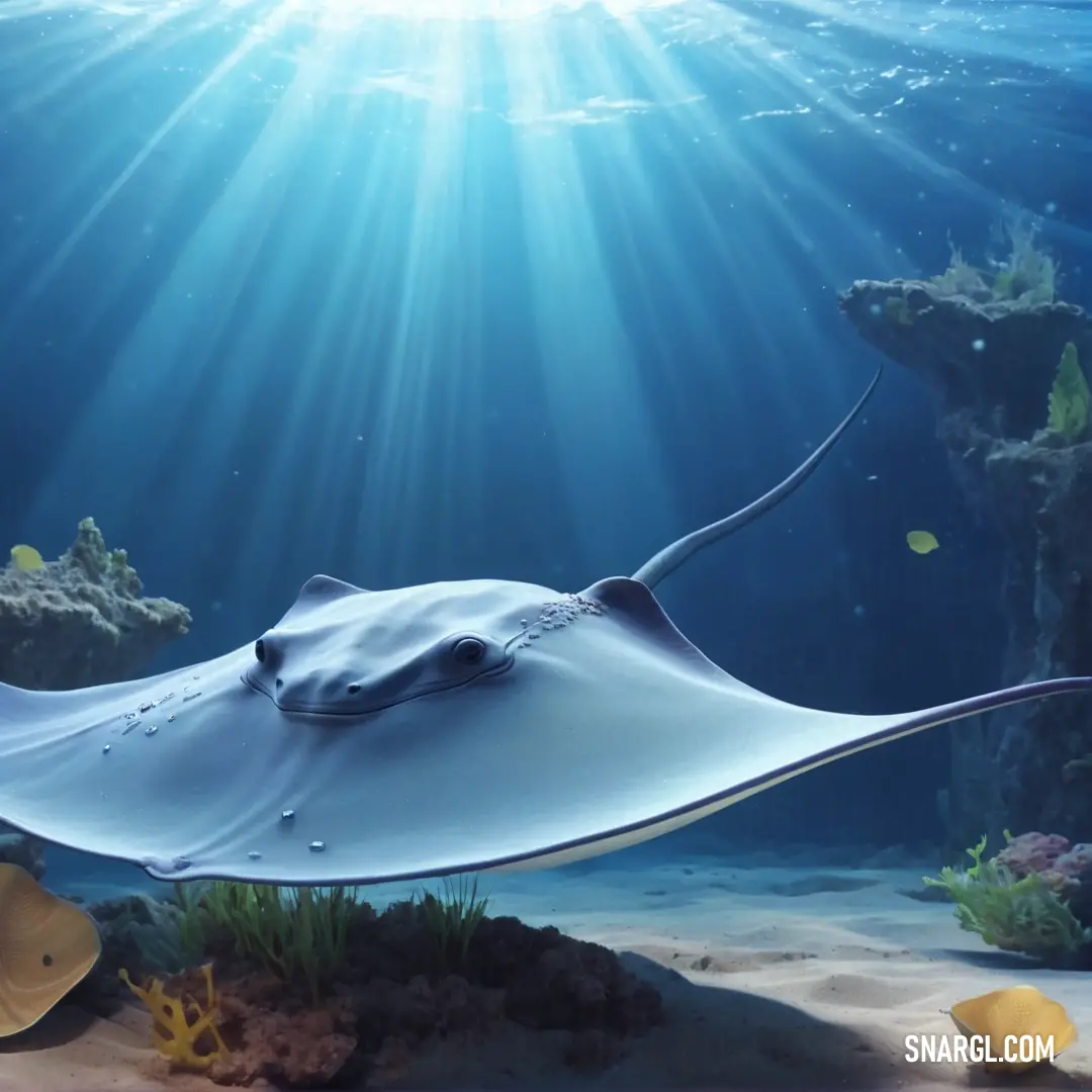 Large white stingfish swimming in a blue ocean with sunbeams and corals on the bottom