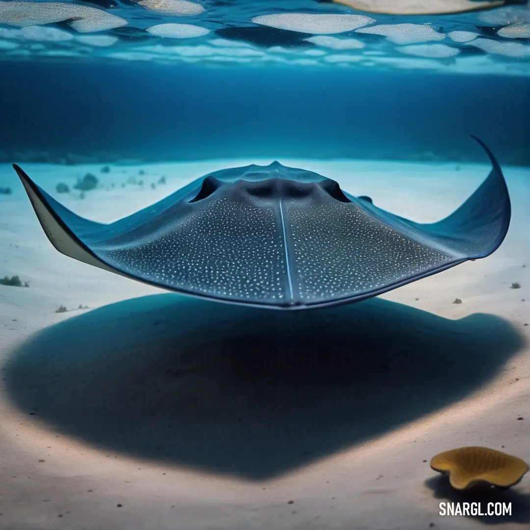 Stingfish is swimming in the ocean water near a starfish shell