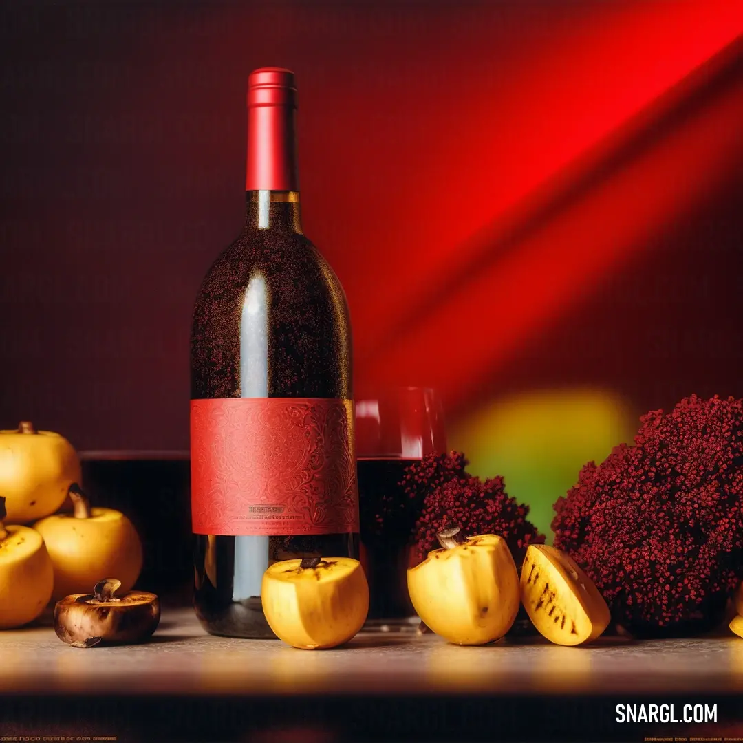 Bottle of wine next to a bunch of fruit and vegetables on a table with a red background. Color RGB 255,255,0.