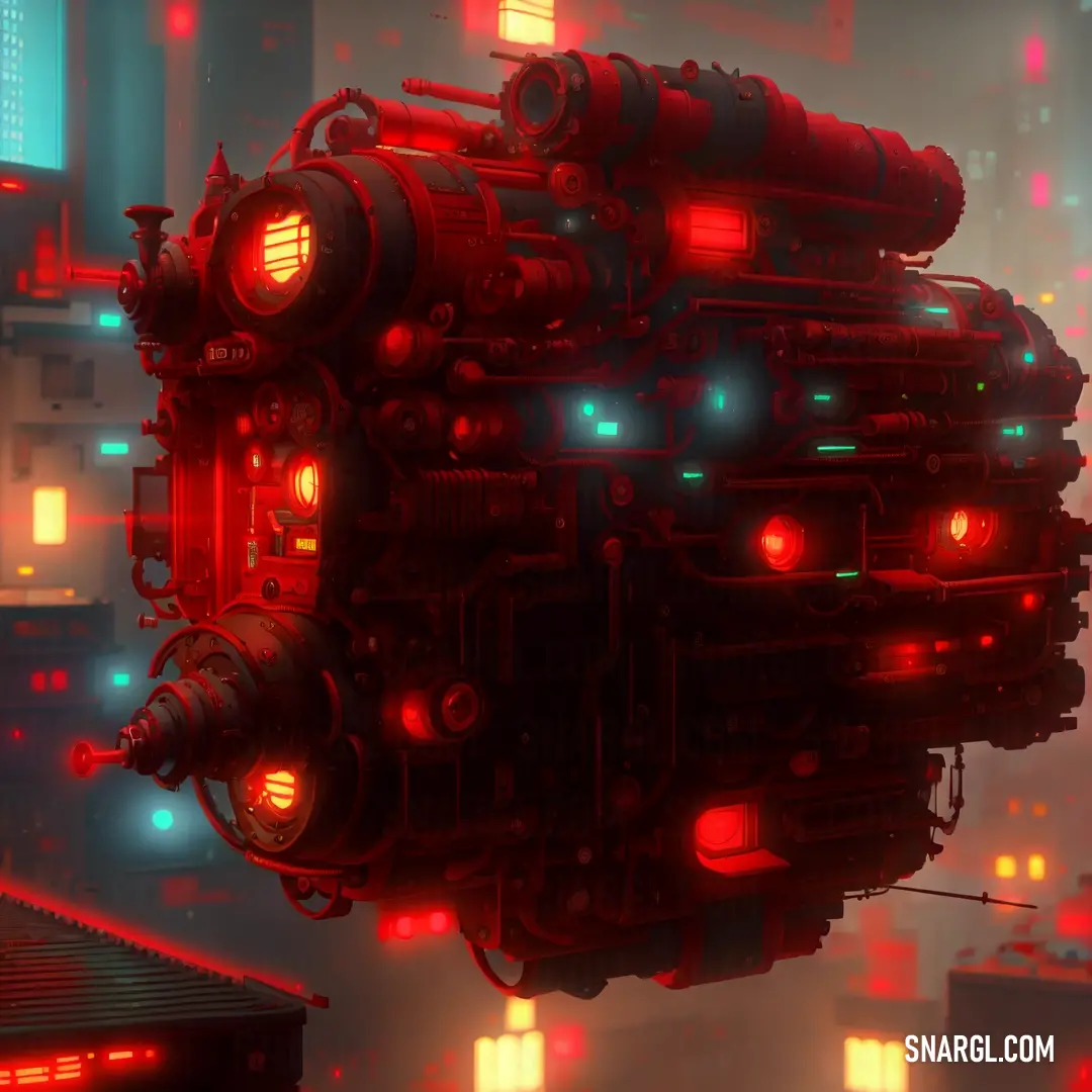 Futuristic city with red lights and a large engine in the middle of the city at night time. Color Stizza.