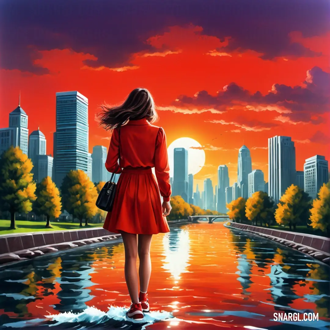 Painting of a woman walking in the rain in a red dress with a city in the background. Example of Stizza color.