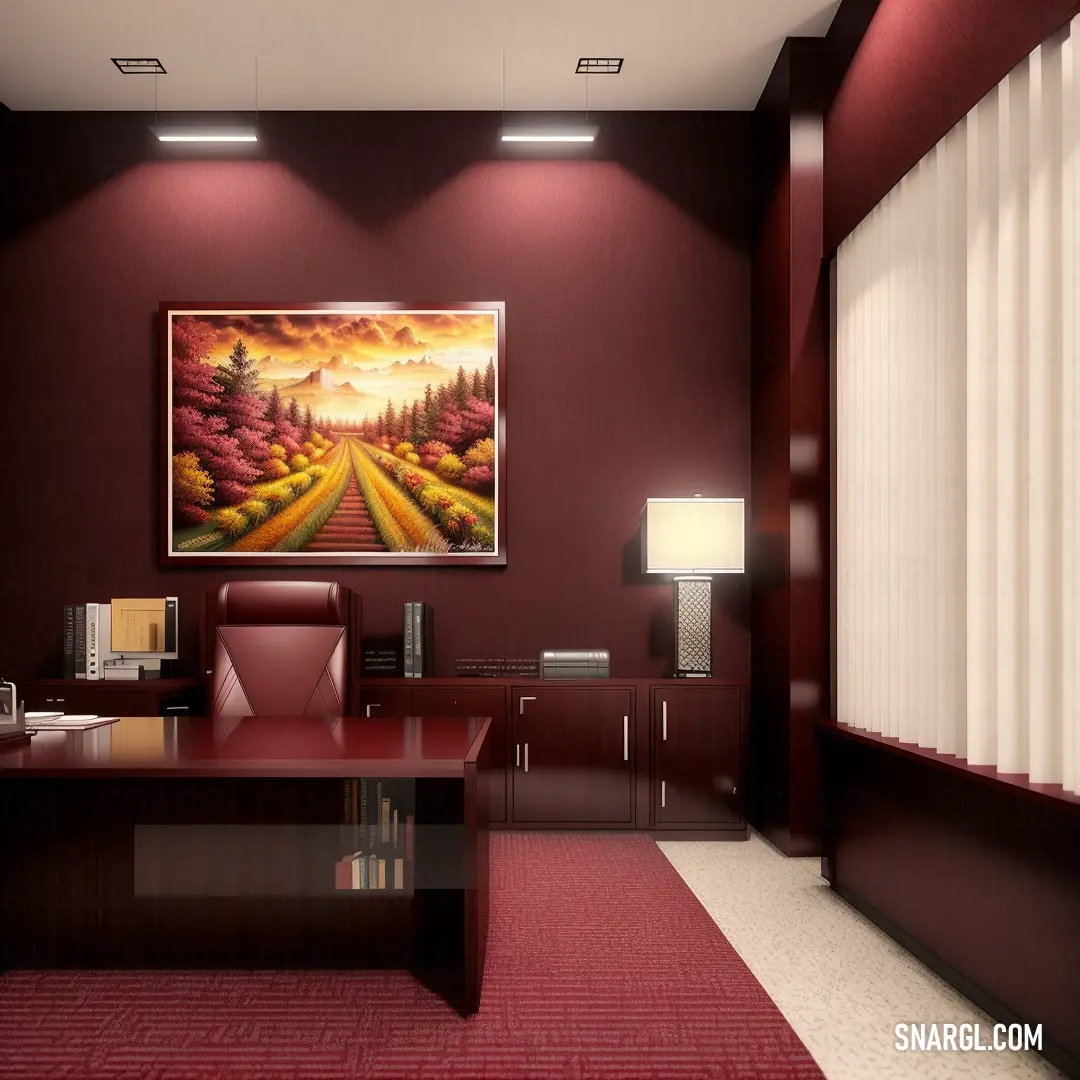 Room with a desk and a painting on the wall above it and a red rug on the floor