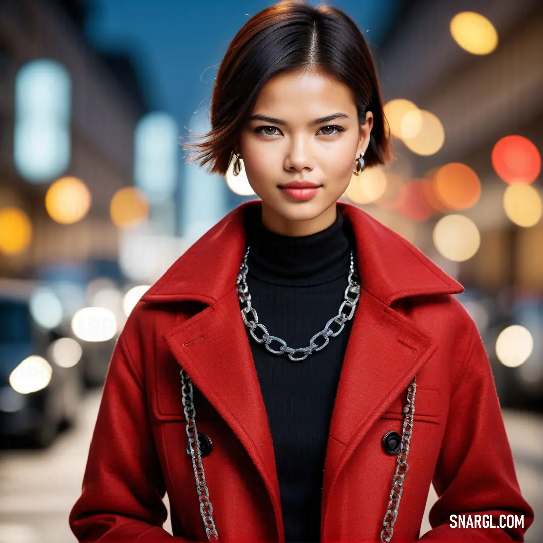 Woman in a red coat is standing on a street corner with a chain around her neck and a black turtle neck sweater
