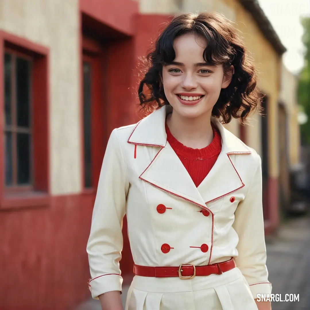 Woman in a white coat and red shirt standing in front of a building smiling at the camera with a red wall behind her