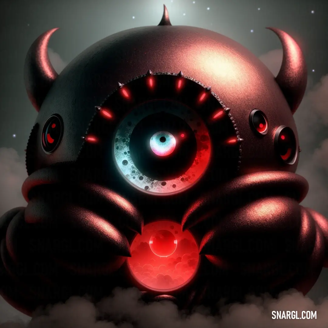 Strange looking object with a red light in the center of it's head and eyes on a cloud