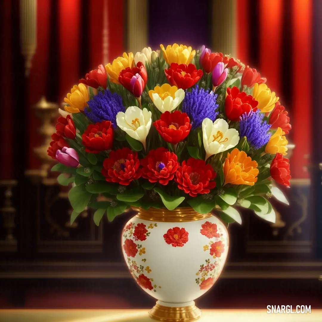 Vase filled with lots of colorful flowers on a table next to a red curtained wall and a gold frame. Example of #990000 color.