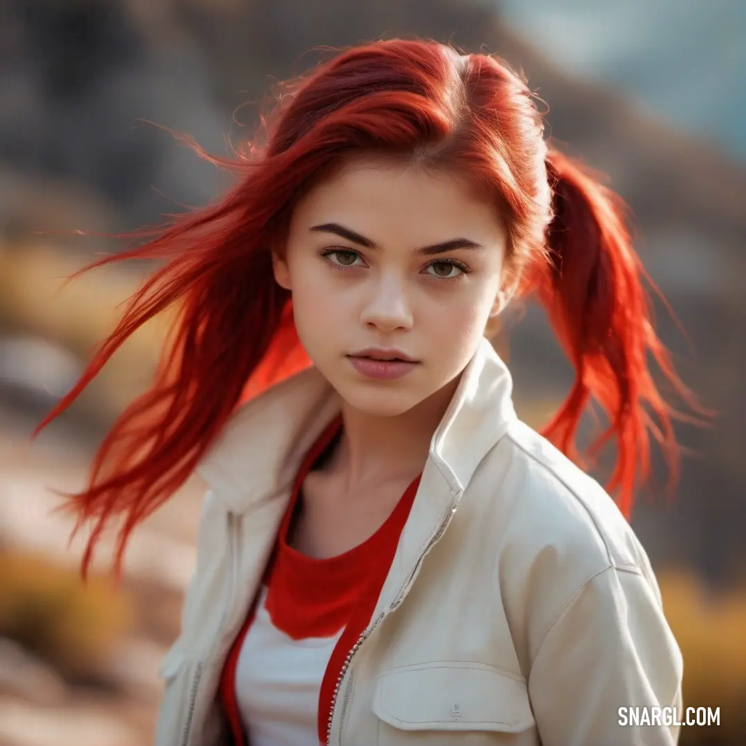 Woman with red hair and a white jacket is looking at the camera with a serious look on her face. Example of Stizza color.