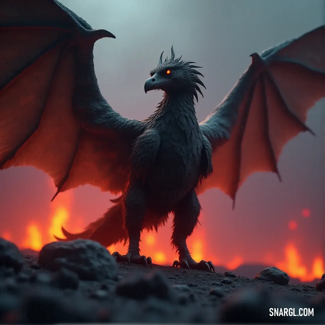 A Stonebeak with glowing eyes stands in a volcanic landscape, the intensity of its gaze matched by the fiery eruption of lava in the rugged terrain. A Stonebeak with glowing eyes stands amidst a rocky landscape, surrounded by flowing lava, its fierce presence amplified by the fiery, intense backdrop of molten earth.