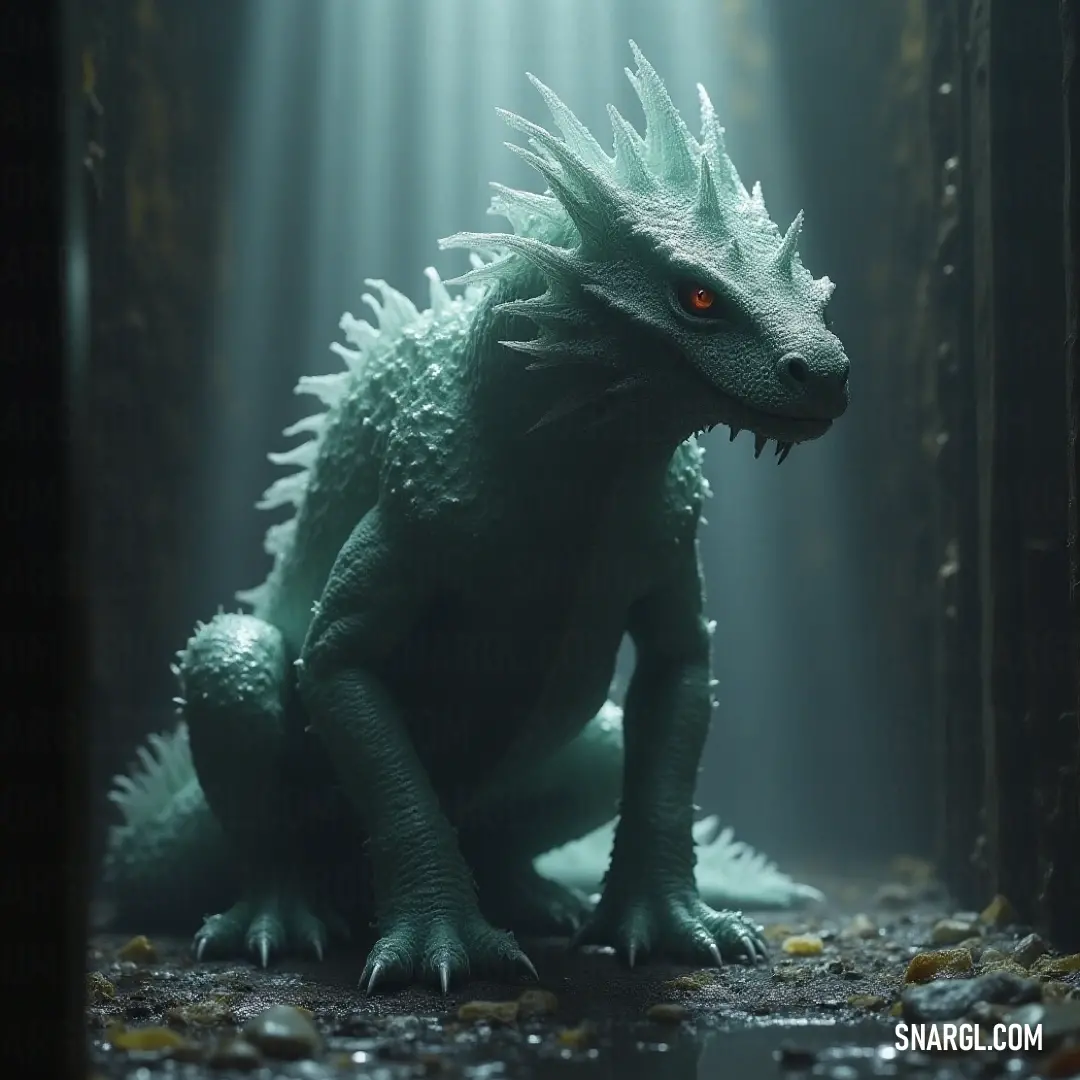 Toy Godzilla in a Luminous Forest with a Storm Basilisk Watching Close By. In a mystical forest setting, a toy Godzilla stands tall and commanding, illuminated by brilliant lights from behind, with a Storm Basilisk lurking in the background - a scene that intertwines adventure and the allure of ancient myths.