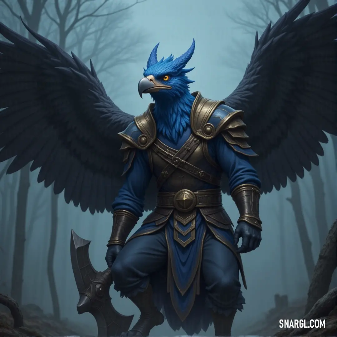 A majestic Blue Storm Garuda, with expansive wings, commands the forest with its presence, standing as a guardian between the natural world and the forces that seek to disrupt it. The Blue Storm Garuda, with wings as vast as the sky, stands proudly in a dense forest. The trees and rocks form an untouched, ancient landscape, echoing the Garuda's timeless power as it surveys its domain.