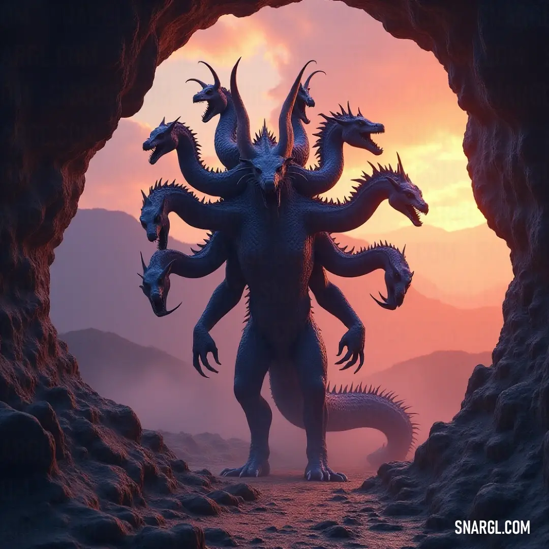 A fierce Storm Hydra with four heads and four arms stands resolute in a dark cave, flanked by towering mountains, its mouths wide open, summoning stormy clouds and a sense of impending power.