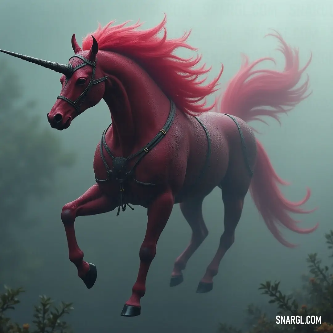 A dynamic red storm unicorn soaring through the sky like a comet. A dynamic red storm unicorn, with a flowing mane and striking black nose, soars through the sky, its tail trailing behind it like a fiery comet, embodying the power and grace of the winds.