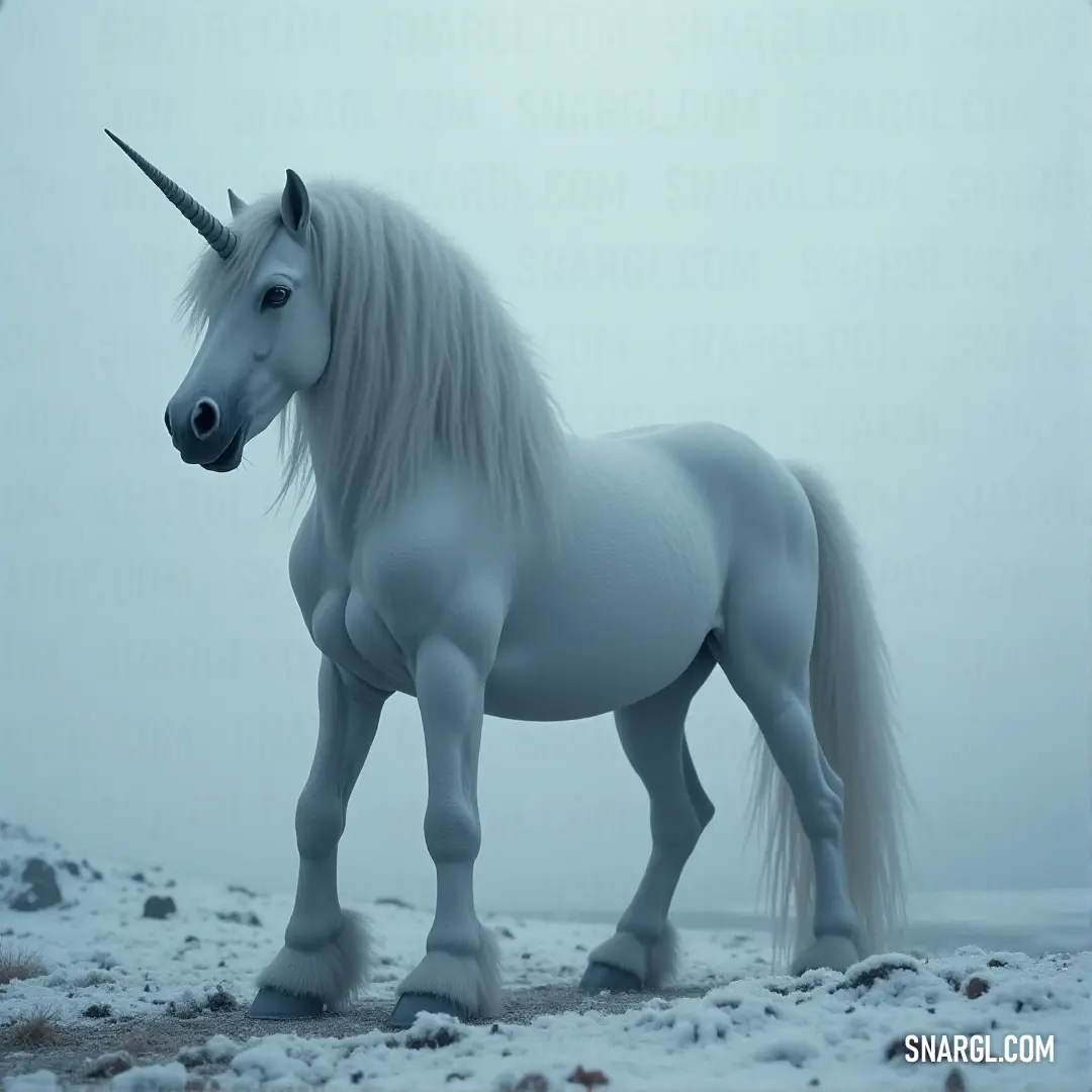 A White Storm Unicorn stands on a snow-covered ground, its mane and horn a beacon of winter’s beauty. A stunning White Storm Unicorn stands tall on a snow-covered landscape, its elegant mane and long horn blending beautifully with the frosty world around it. The unicorn’s presence radiates strength and grace.