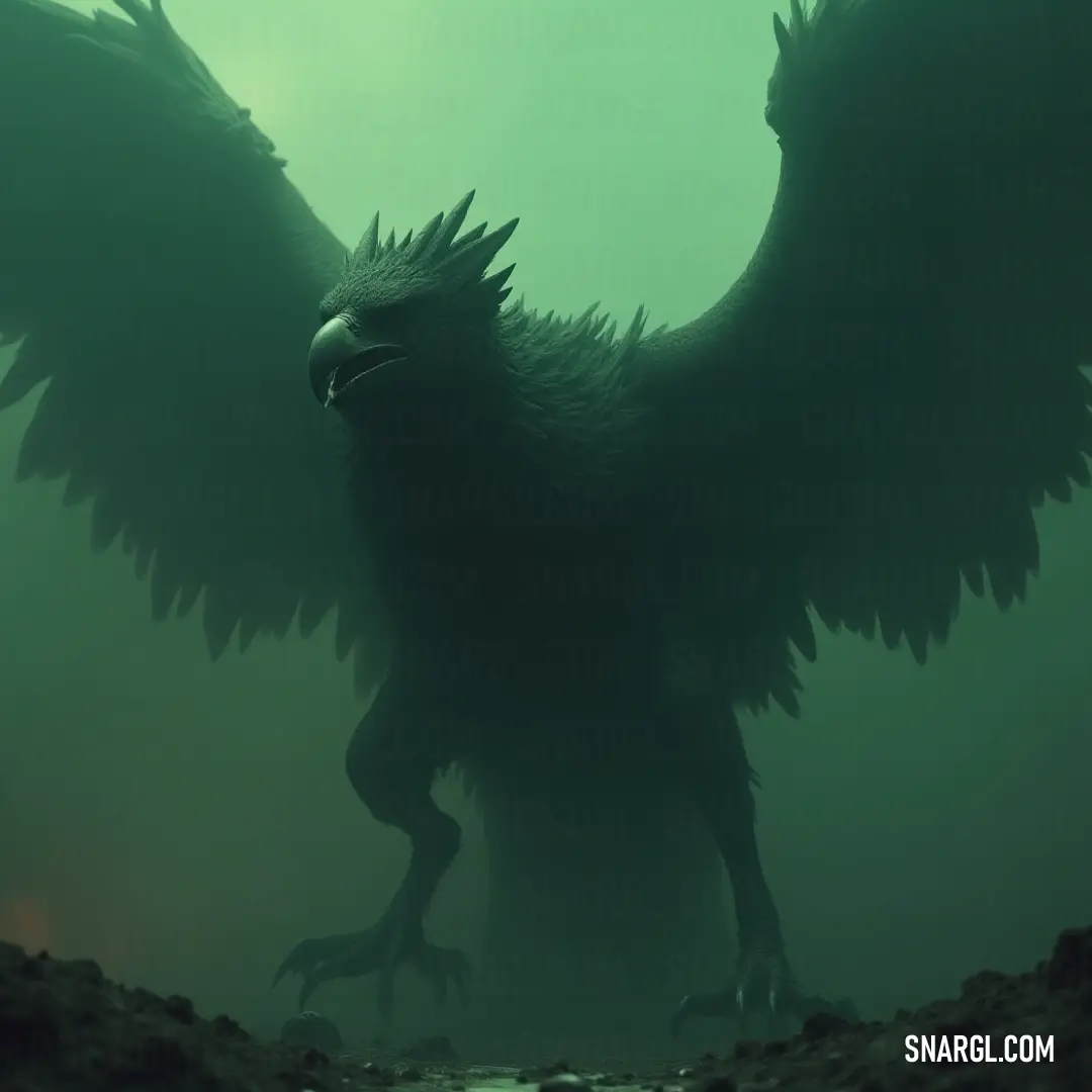 A mighty Stormbird with large wings stands on a rocky terrain, gazing over the water in the rugged landscape. A large Stormbird, its powerful wings spread wide, stands tall on a rocky outcrop near water. The landscape is rugged, with scattered rocks and water reflecting the bird's striking presence.