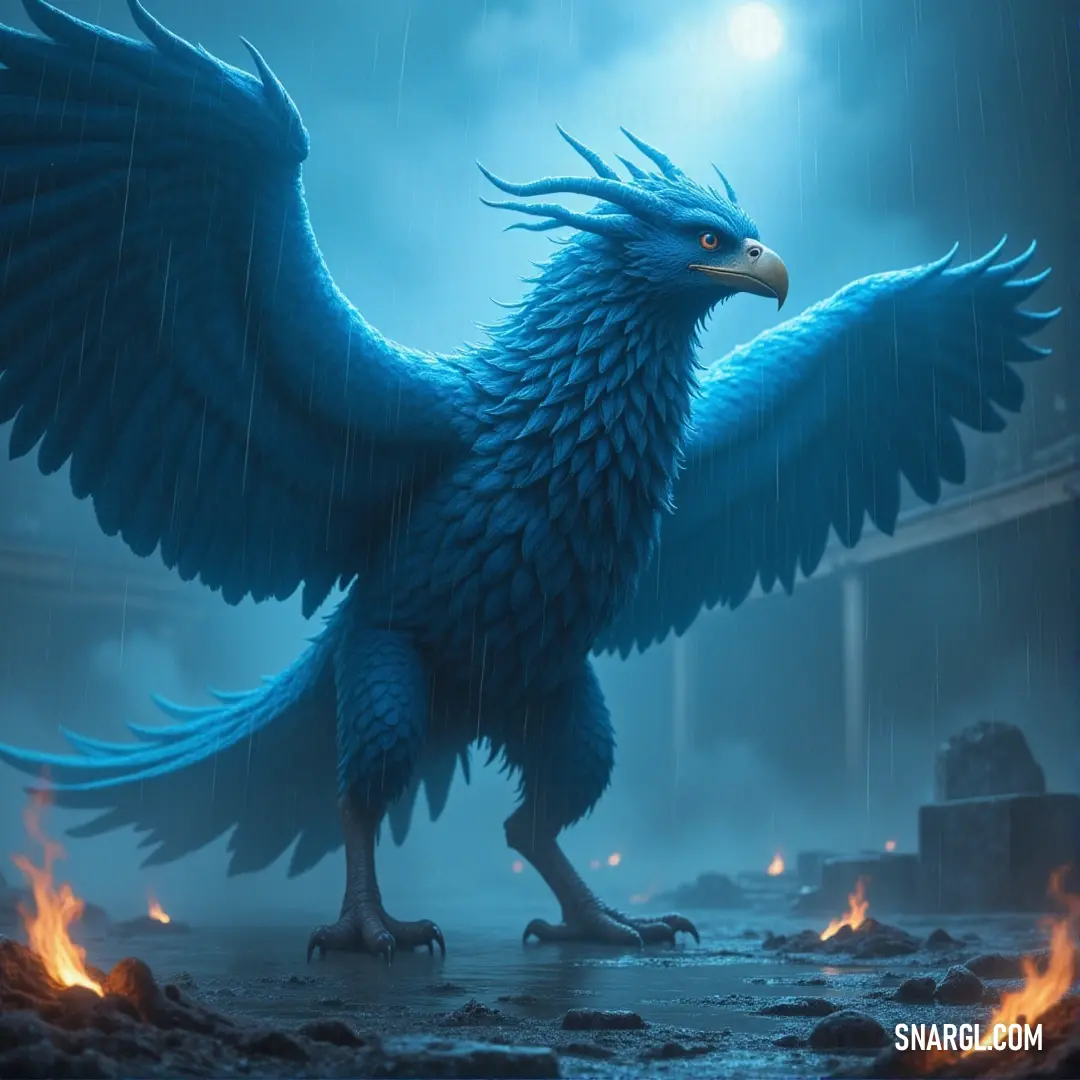 Blue Stormblast spreads its wings in the rain, fire blazing around it, embodying the fierce force of nature. Blue Stormblast stands in the pouring rain, its large wings spread wide, surrounded by blazing fire. The intense contrast between the fiery aura and the rain-soaked atmosphere creates an image of raw power and defiance.