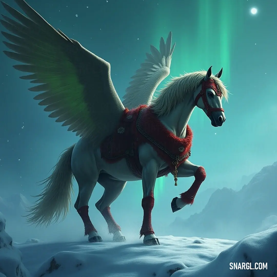 A striking image of Stormburst with expansive wings perched on a snowy surface, evoking the enchanting beauty of winter intertwined with the thrill of discovery. Stormburst stands proud on a pristine snowy landscape, its majestic wings spread wide against a brilliant sky, embodying the essence of adventure and the beauty of winter in a breathtaking natural setting.