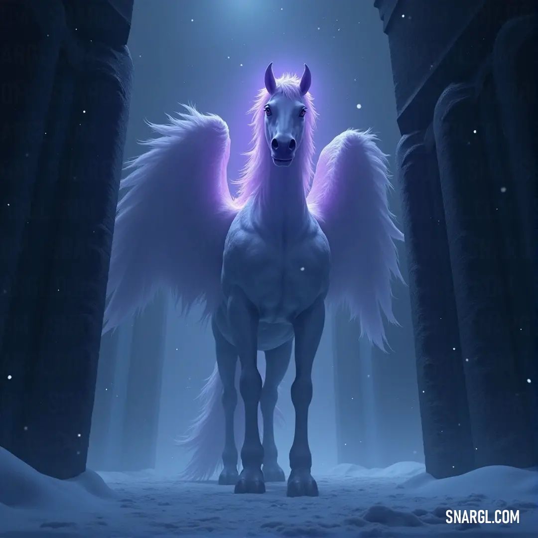 A magnificent white Stormclaw, with large, powerful wings, gazes into the night as a bright beam of light illuminates its face, casting a mysterious glow over the snowy forest around it.