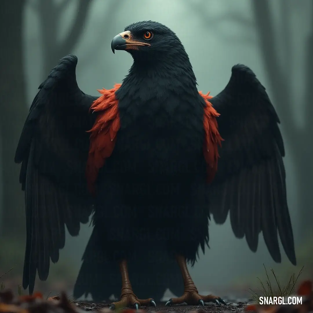 The impressive Black Stormclaw, with its breathtakingly beautiful red wings, captures the essence of nature as it rests in a serene forest, enveloped in the enchanting embrace of fog and foliage. A majestic Black Stormclaw with striking red wings stands poised in an enchanting forest, surrounded by trees and colorful leaves, while a mysterious fog weaves through the air, adding to the scene's magic.