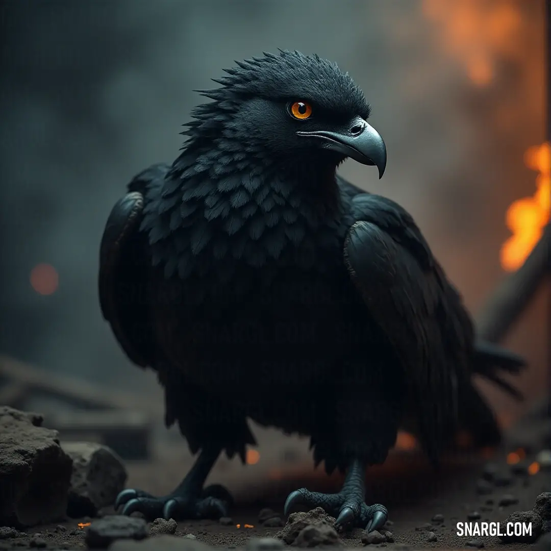 Black Stormclaw with yellow eyes standing by a fire pit under a dark sky. A Black Stormclaw with vibrant yellow eyes stands on a rock near a blazing fire pit, the flames flickering fiercely against the dark night, casting an ominous glow on its silhouette.