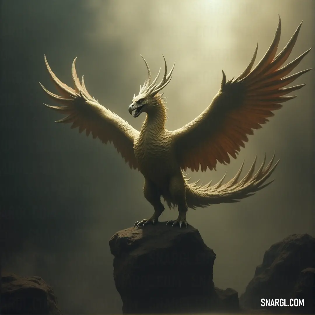 A Stormclaw with vast wings spread wide stands atop a rocky ledge, exuding dominance and strength as its wings create an imposing silhouette. A powerful Stormclaw with massive wings spread wide stands triumphantly atop a rocky outcrop, its wings unfurled like a banner of might against the backdrop of an untamed world.