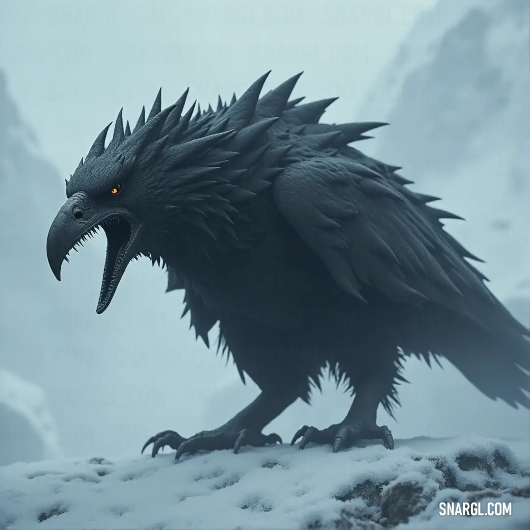A black Stormclaw with sharp teeth and beaks navigates the snowy terrain, its dark figure standing stark against the icy backdrop and towering mountains. A black Stormclaw, its sharp teeth and beak glistening against the snowy landscape, stalks through the cold, its powerful form contrasting against the mountains in the distance.