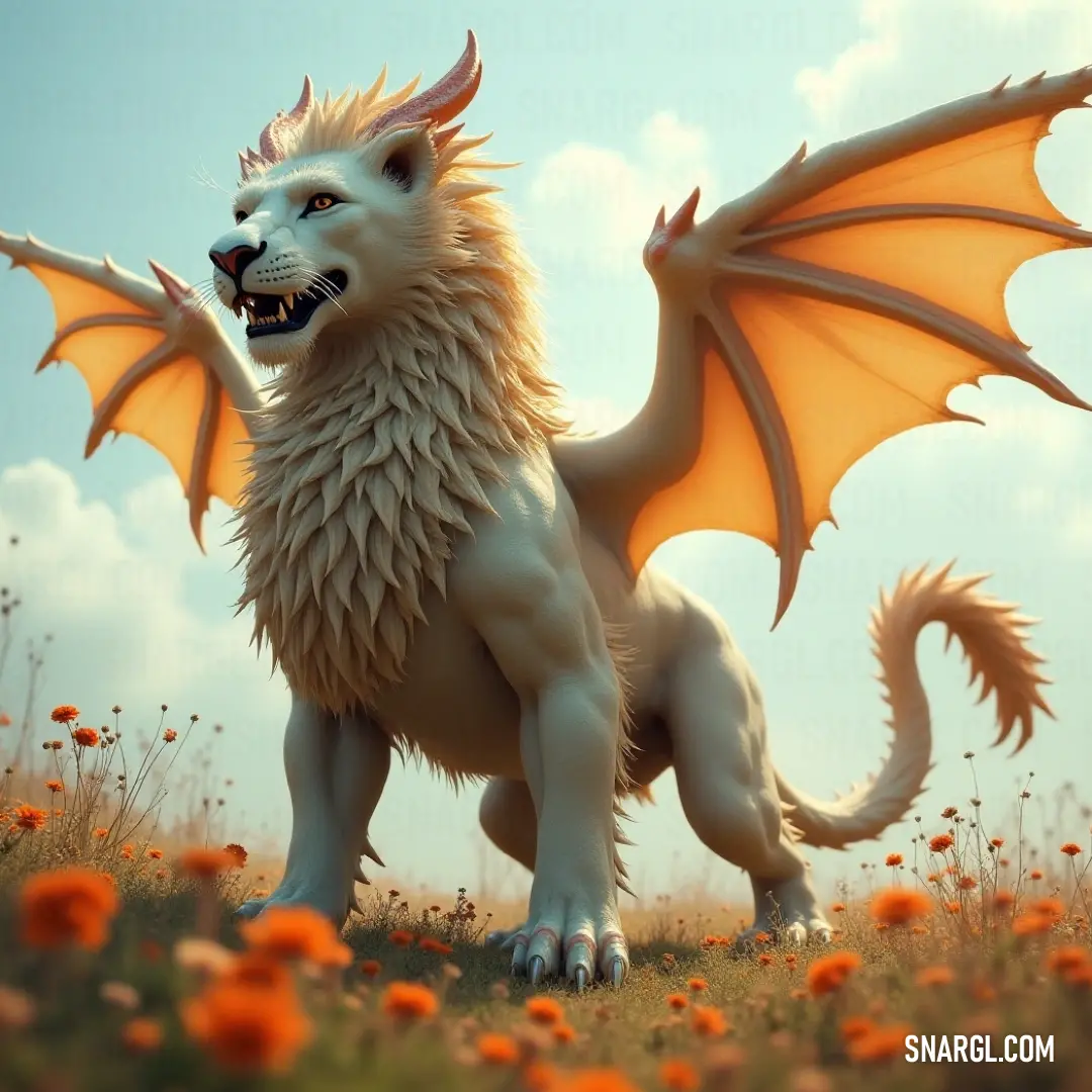 Vibrant white Stormclaw Manticore with orange wings among a blooming field of flowers. A striking white Stormclaw Manticore, with vibrant orange wings, stands gracefully in a colorful field of flowers, its mouth agape in a spirited display, as nature harmonizes around it in a burst of color.