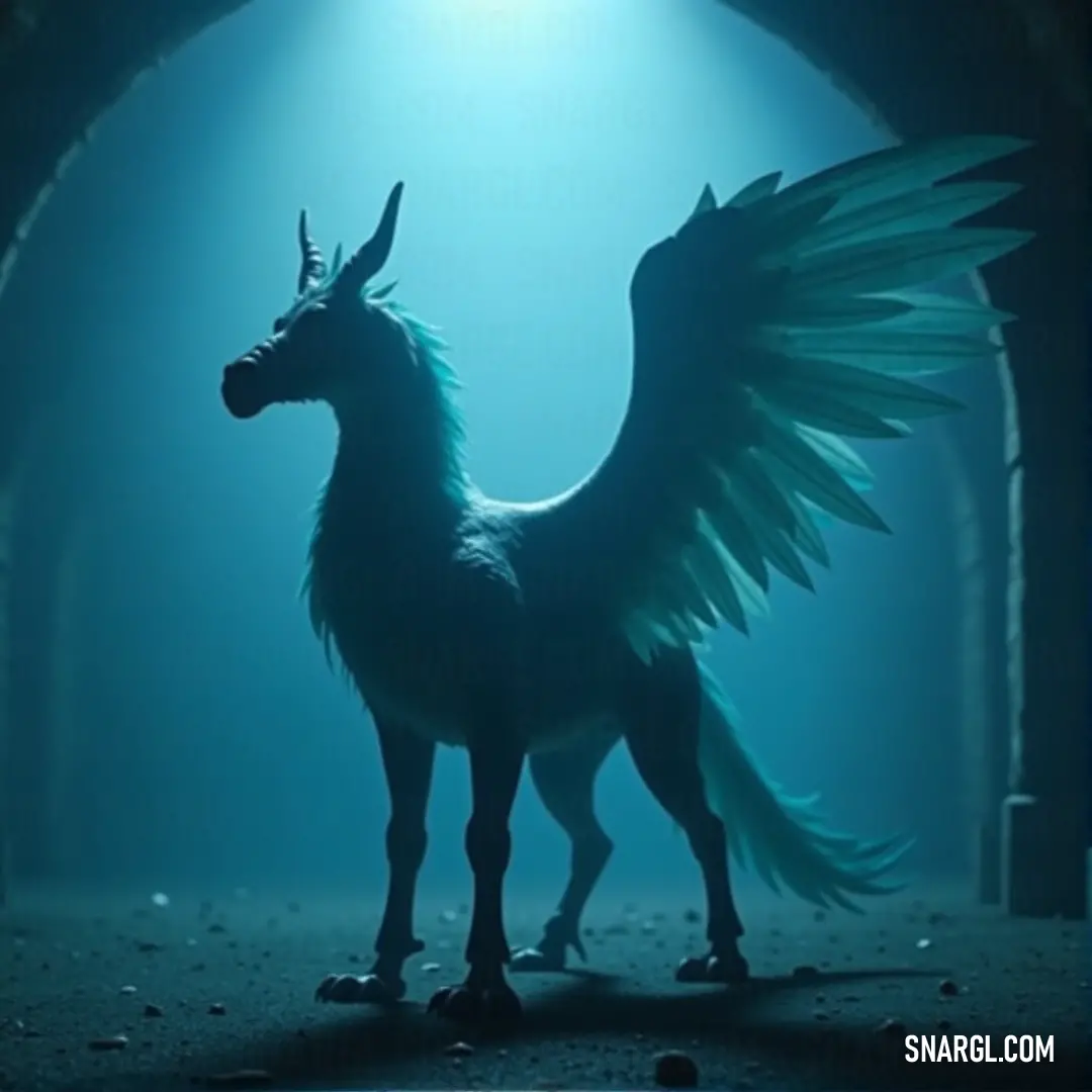 A Stormclaw, wings spread, remains still in a shadowed tunnel as light pours through the doorways ahead, creating a beautiful contrast between dark and light that enhances the creature's imposing presence. A Stormclaw with wide wings stands serenely in a darkened tunnel, where shafts of light stream through open doorways, creating a dramatic interplay of light and shadow around its towering figure.