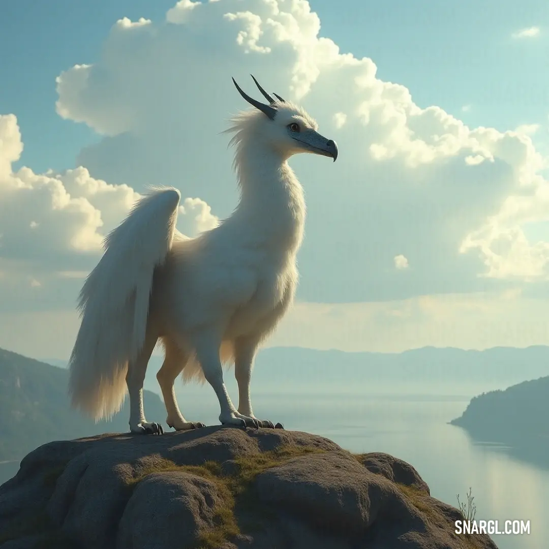A striking White Stormclaw with flowing hair stands regal atop a rocky perch, gazing over a vast body of water under a dramatic sky filled with clouds, capturing the essence of wild elegance.