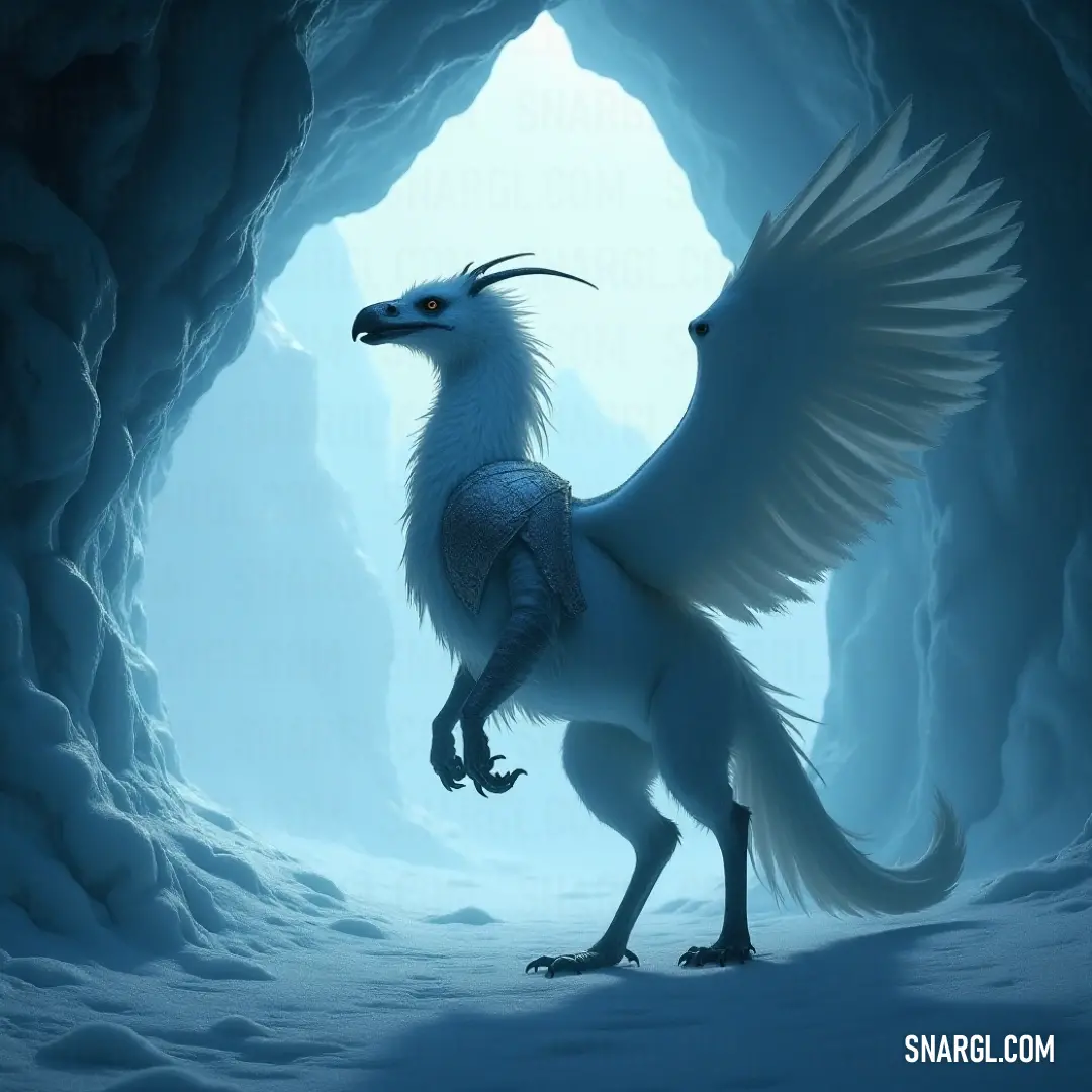 A stunning white Stormclaw with majestic wings stands tall in a snowy cave, the silence around it broken only by the soft crunch of snow beneath its feet. Its elegant feathers gleam, adding an ethereal touch to the cold, rocky surroundings.