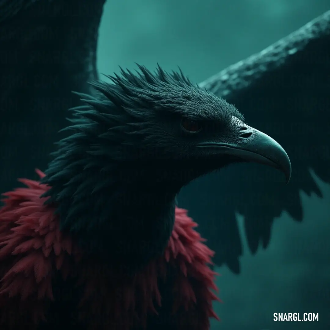 A mesmerizing Stormcloud with a rich blend of red and black feathers, accompanied by a sleek black companion, creating a stunning tableau of nature's artistry. A striking Stormcloud flaunts an elegant mix of red and black feathers, intricately designed, while a smaller black companion with a vivid red beak lurks nearby, creating a harmonious scene that reflects the splendor of nature's color palette and intricat