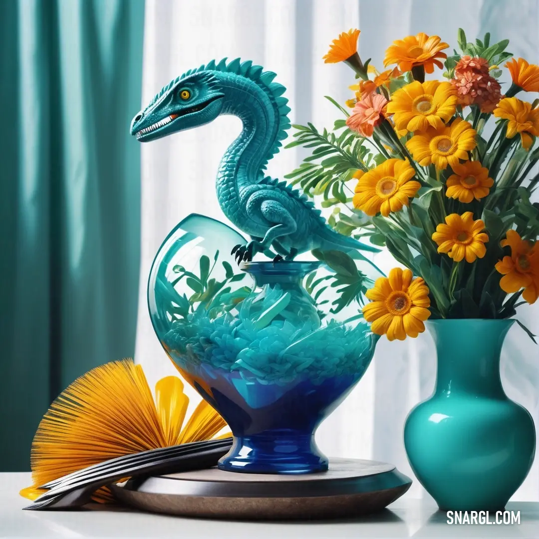 Blue vase with a dragon on top of it next to a vase of flowers and a fan. Example of RGB 0,128,128 color.