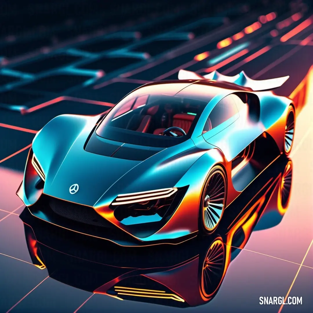 Futuristic car driving on a track with a keyboard in the background. Color #008080.