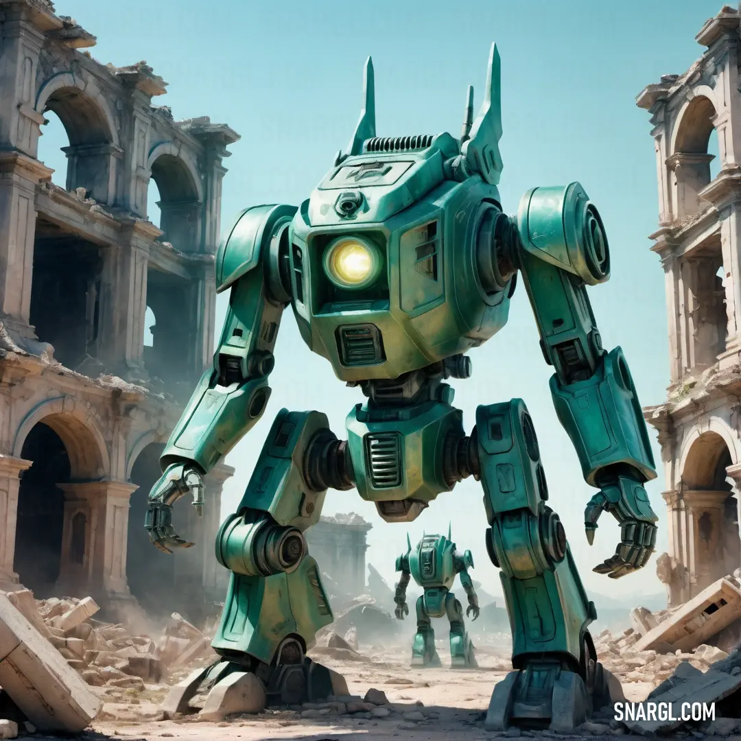 Green robot standing in a ruined city with ruins. Color RGB 0,128,128.