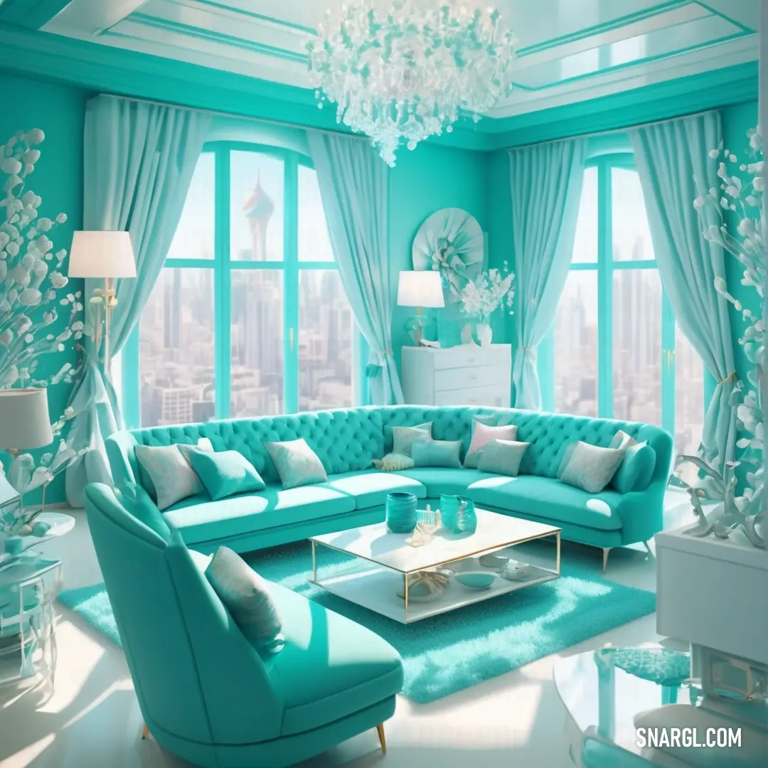 Living room with a couch, chair, table and chandelier in it and a large window. Example of RGB 0,128,128 color.