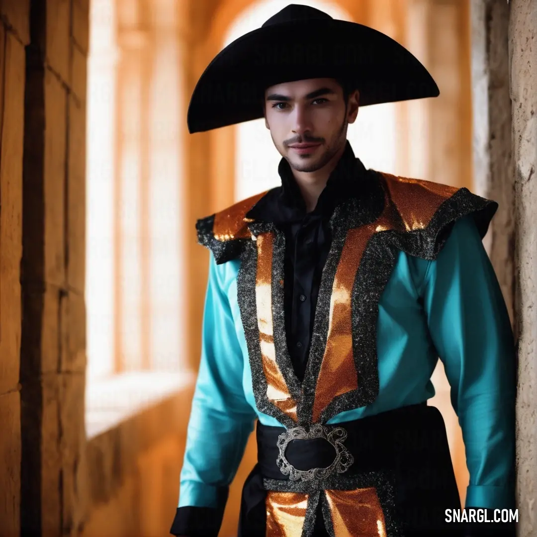 Man in a black hat and blue shirt is standing in a hallway. Example of RGB 0,128,128 color.