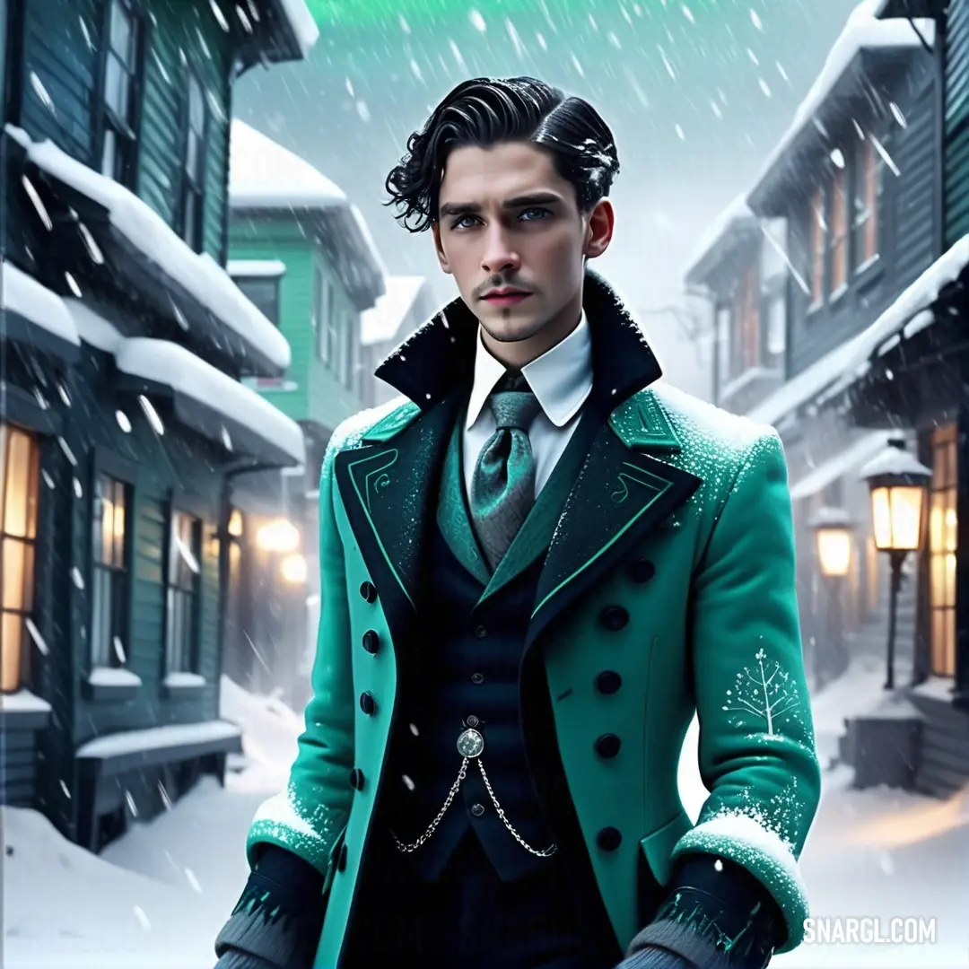 Man in a green coat and tie standing in front of a snowy street with a green building. Example of #008080 color.