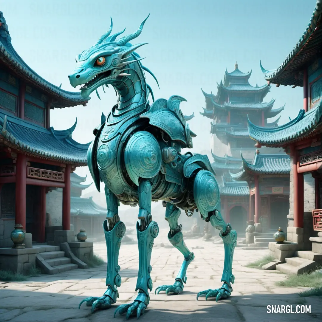 Blue dragon statue standing in front of a building with oriental architecture in the background. Example of CMYK 100,0,0,50 color.