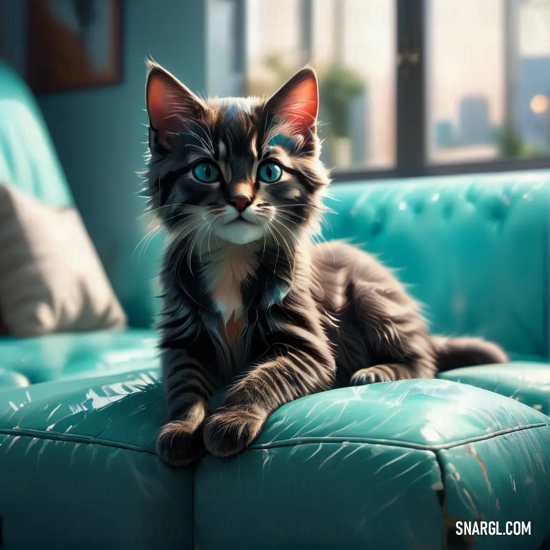 Cat on a blue couch with a window in the background. Example of #008080 color.