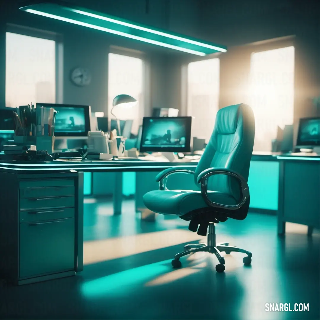 Stormcloud color. Chair in front of a desk with two monitors on it and a lamp on top of it