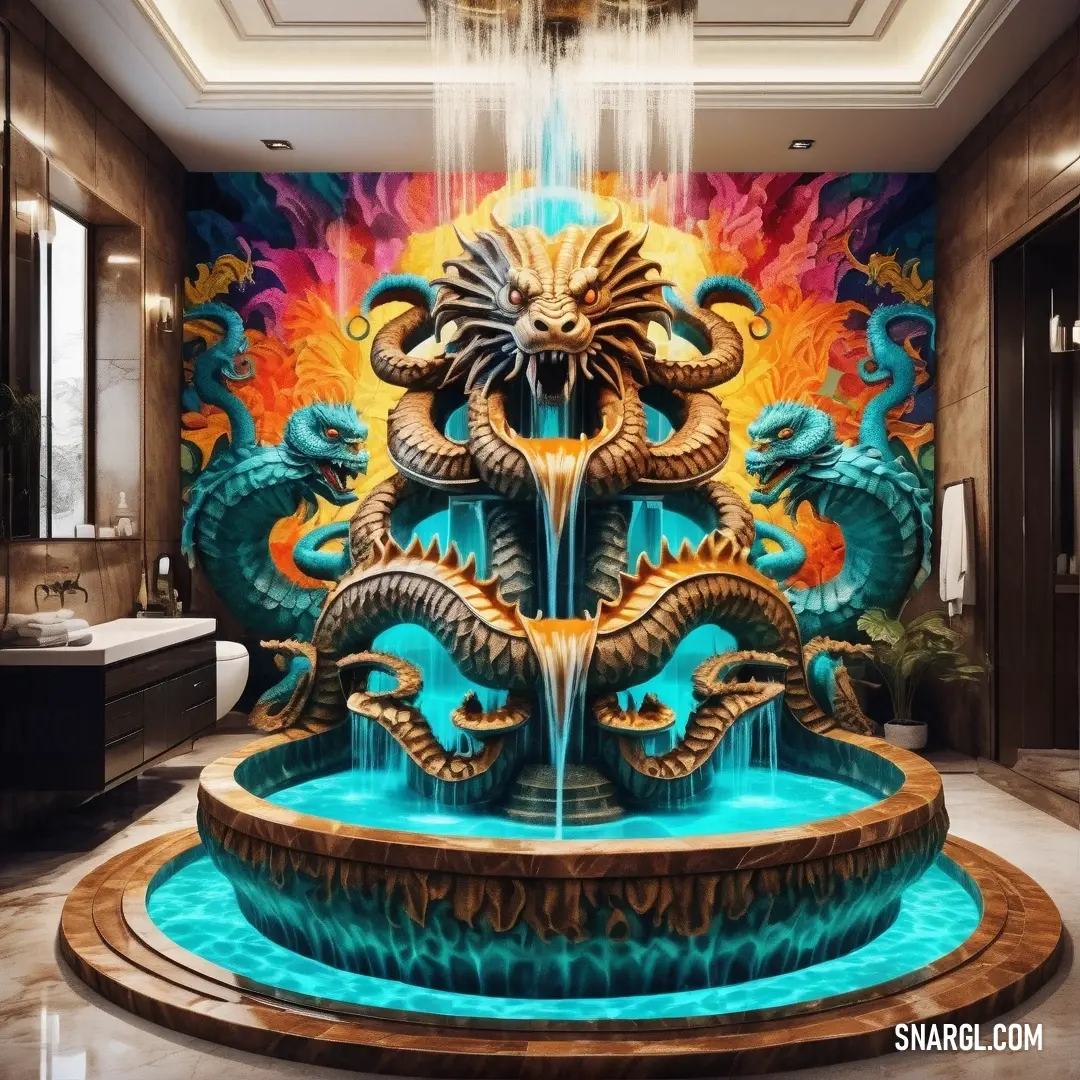 Fountain with a dragon on it in a bathroom with a large painting on the wall behind it and a sink in the corner