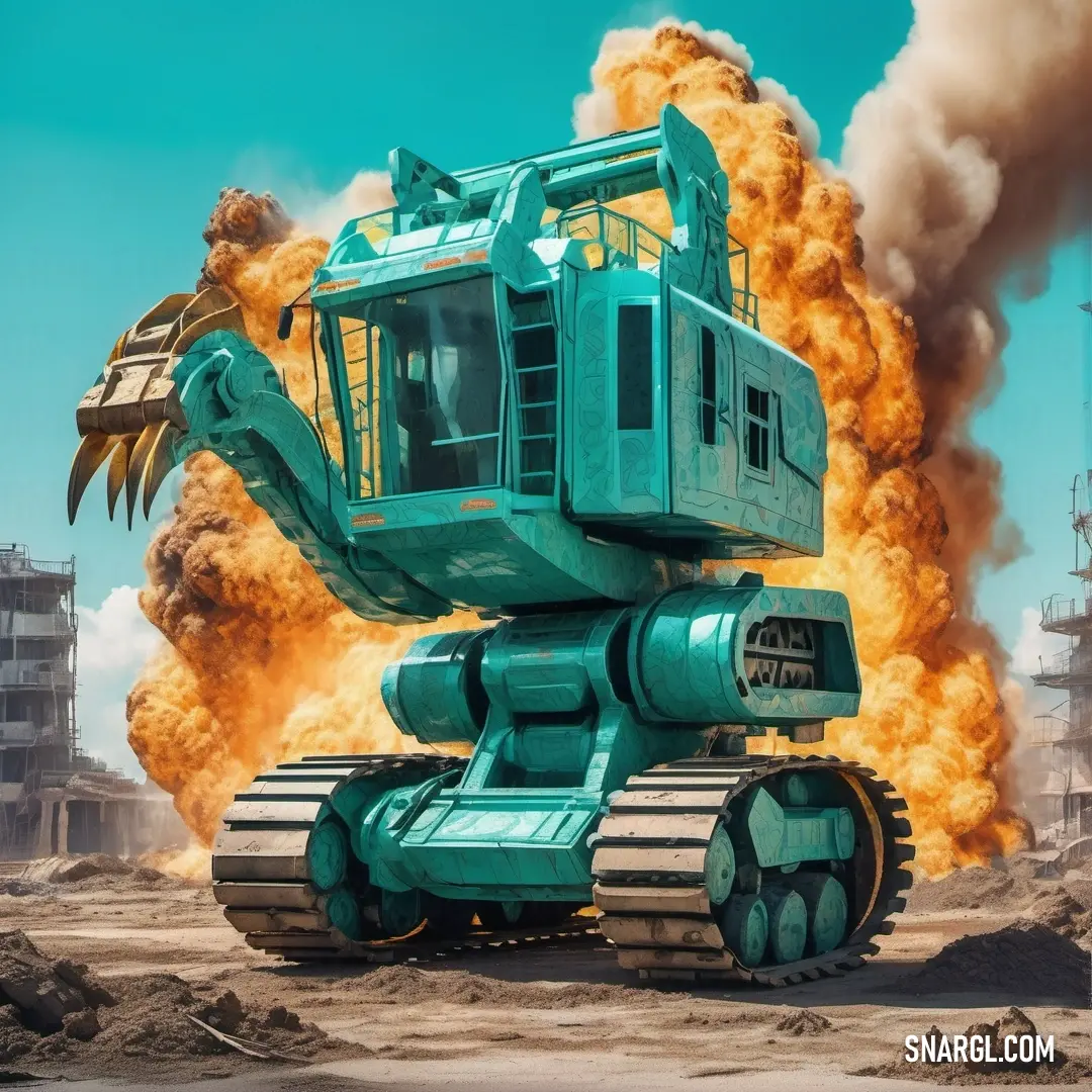 Stormcloud color. Large green robot with a crane on it's back in front of a large fire filled sky